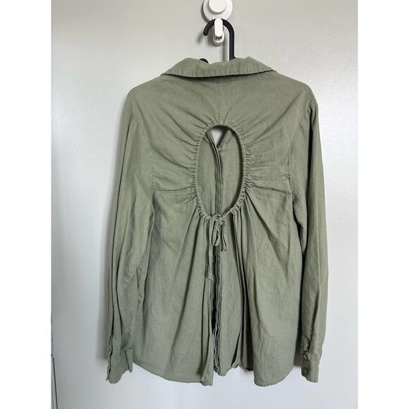 Zara EUC Linen Opeb Back Button Down Shirt Size M Khaki Green - Picture 9 of 12